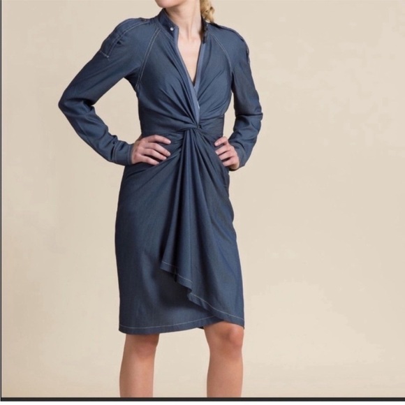 🆕 Byron Lars Beauty Mark Navy Denim Twist Front Long-Sleeve Dress - Picture 1 of 14